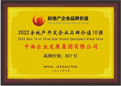 中海企业集团荣膺“2022房地产开发企业品牌价值10强”榜首，品牌价值达807亿